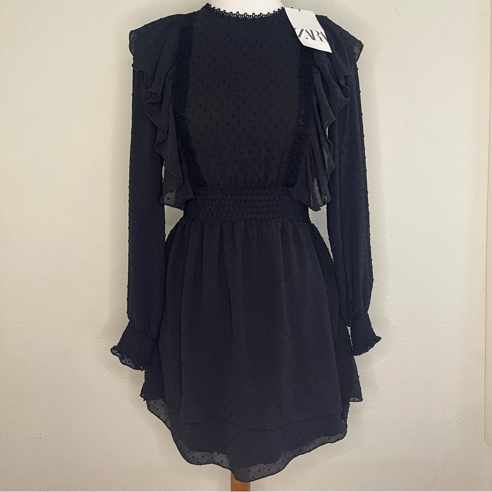 Zara Black Ruffled Long Sleeve Dress NWT